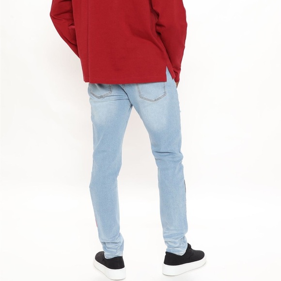 Fashion Nova Men Medium Wash Blue Big Time Patchwork Skinny Jeans Size 38 - Picture 2 of 13